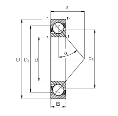 角接觸球軸承 7202-B-JP, 根據 DIN 628-1 標準的主要尺寸，接觸角 α = 40°